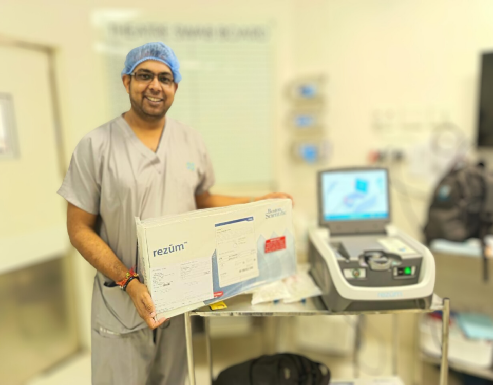 Dr V.M. Ramloutan in theatre with Rezūm equipment used in the treatment of enlarged prostate (BPH)