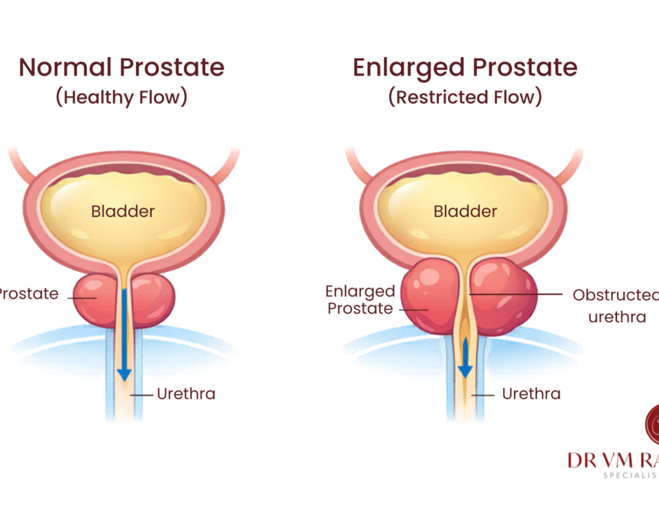 Diagram showing normal vs enlarged prostate affecting urine flow (BPH)