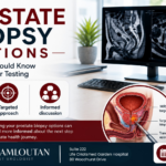 Educational graphic explaining prostate biopsy options, including MRI-guided targeting, targeted biopsy, and the transperineal approach with Dr V.M. Ramloutan.
