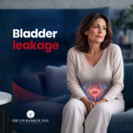Woman seated with a bladder illustration and the words Bladder leakage