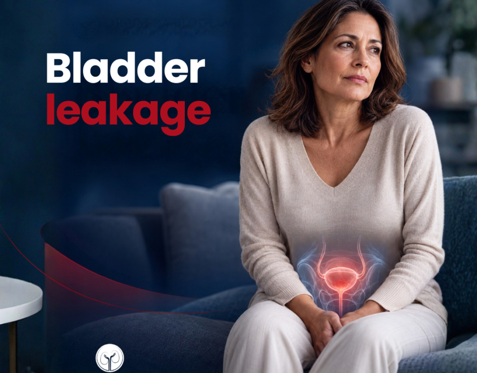 Woman seated with a bladder illustration and the words Bladder leakage